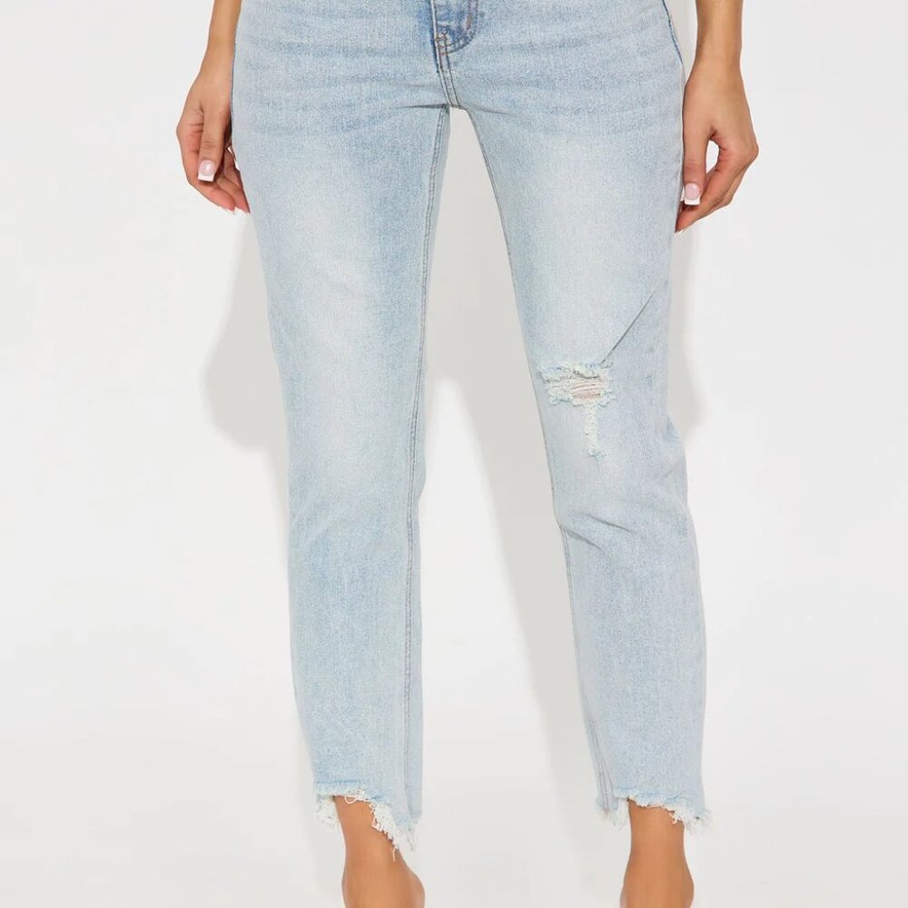 NEW! Fashion Nova Time Out Crossover Distressed Ankle Light Blue WashDenim Jeans